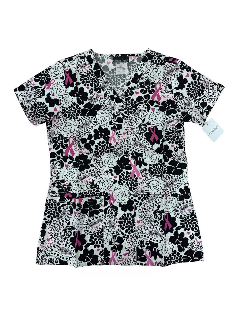 (RF) Cherokee Medical Scrub Top XS Pink Ribbon Floral Paisley Believe Inspire